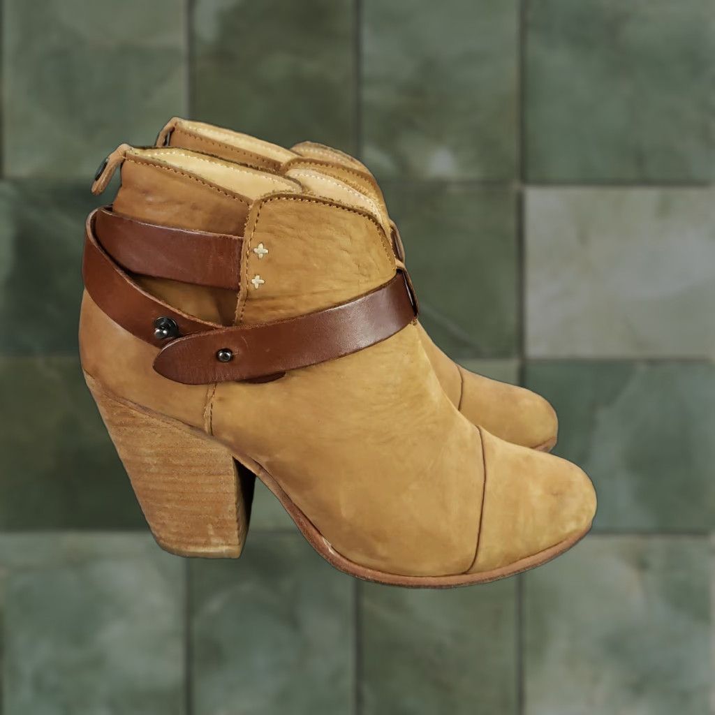 rag & bone Harrow Boots Womens Size 7 Tan Leather Ankle Booties Stacked Heel ZZ