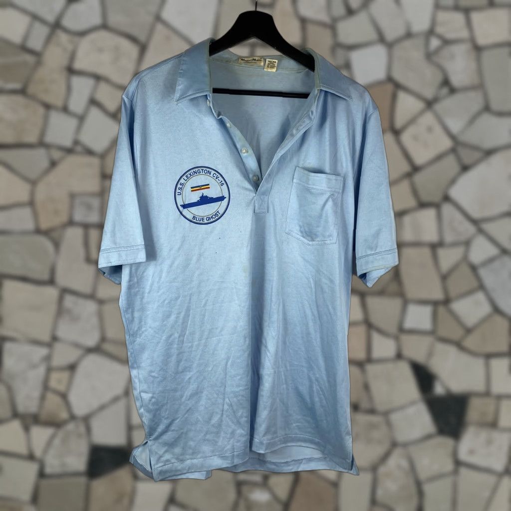 Vintage VINTAGE US Navy USS Lexington Blue Ghost Polo Shirt XL 1970s Size US XL / EU 56 / 4 - 1 Thumbnail