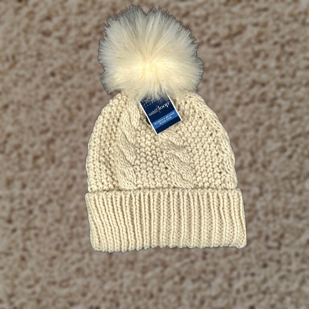Vintage West Loop Beanie Toque Women One Size Ivory Knit Acrylic Blend Ski Pom NEW Size ONE SIZE - 1 Thumbnail