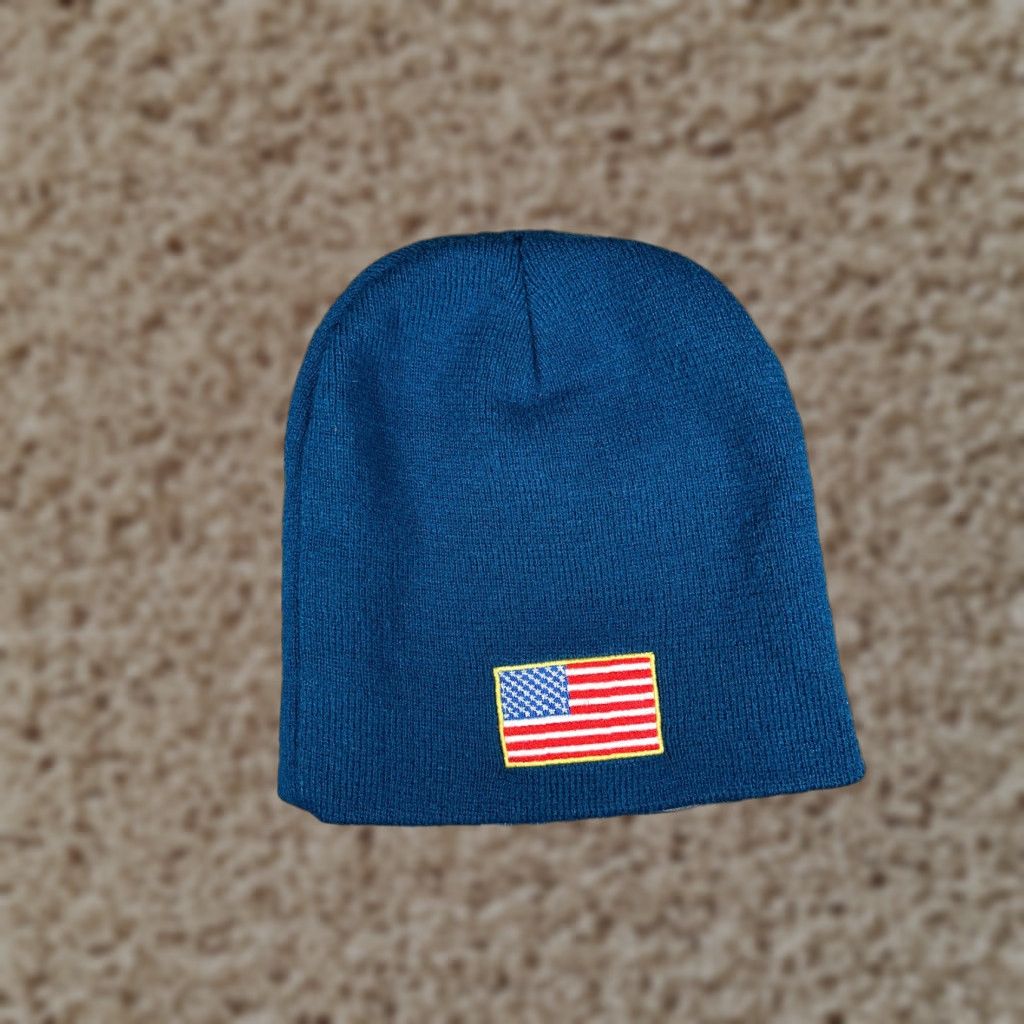 Vintage USA Flag Beanie Hat Unbranded Adult Blue Knit 100% Poly Acrylic Unisex Adults Eagle Flag Logo 90s? Size ONE SIZE - 1 Thumbnail