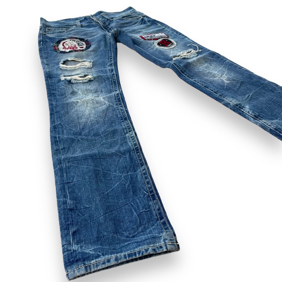 Beauty Beast 🇯🇵 SKY BOMBER PATCHWORK DISTRESSED WASHED DENIM PANTS Size 30" / US 8 / IT 44 - 3 Thumbnail