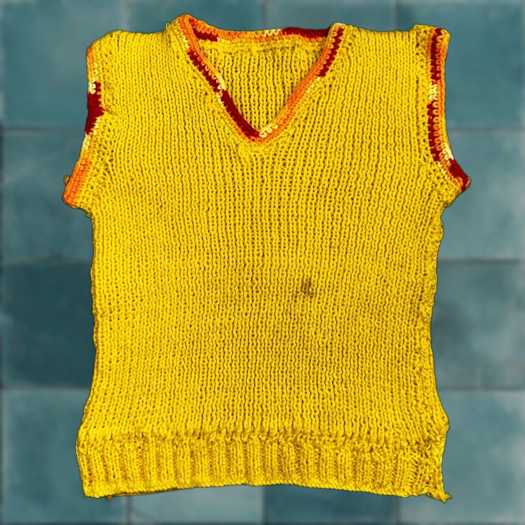 VINTAGE Vest Knit Yellow Sweater Sleeveless Knit Vest 70s 1970s Men M