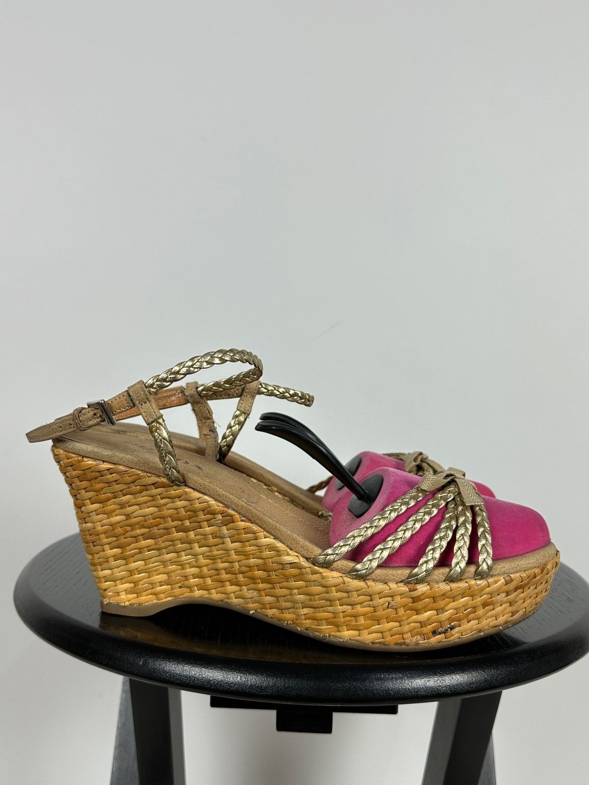 Prada Prada Braided Leather Woven Raffia Wedge Ankle Strap Sandals Size US 9.5 / IT 39.5 - 3 Thumbnail