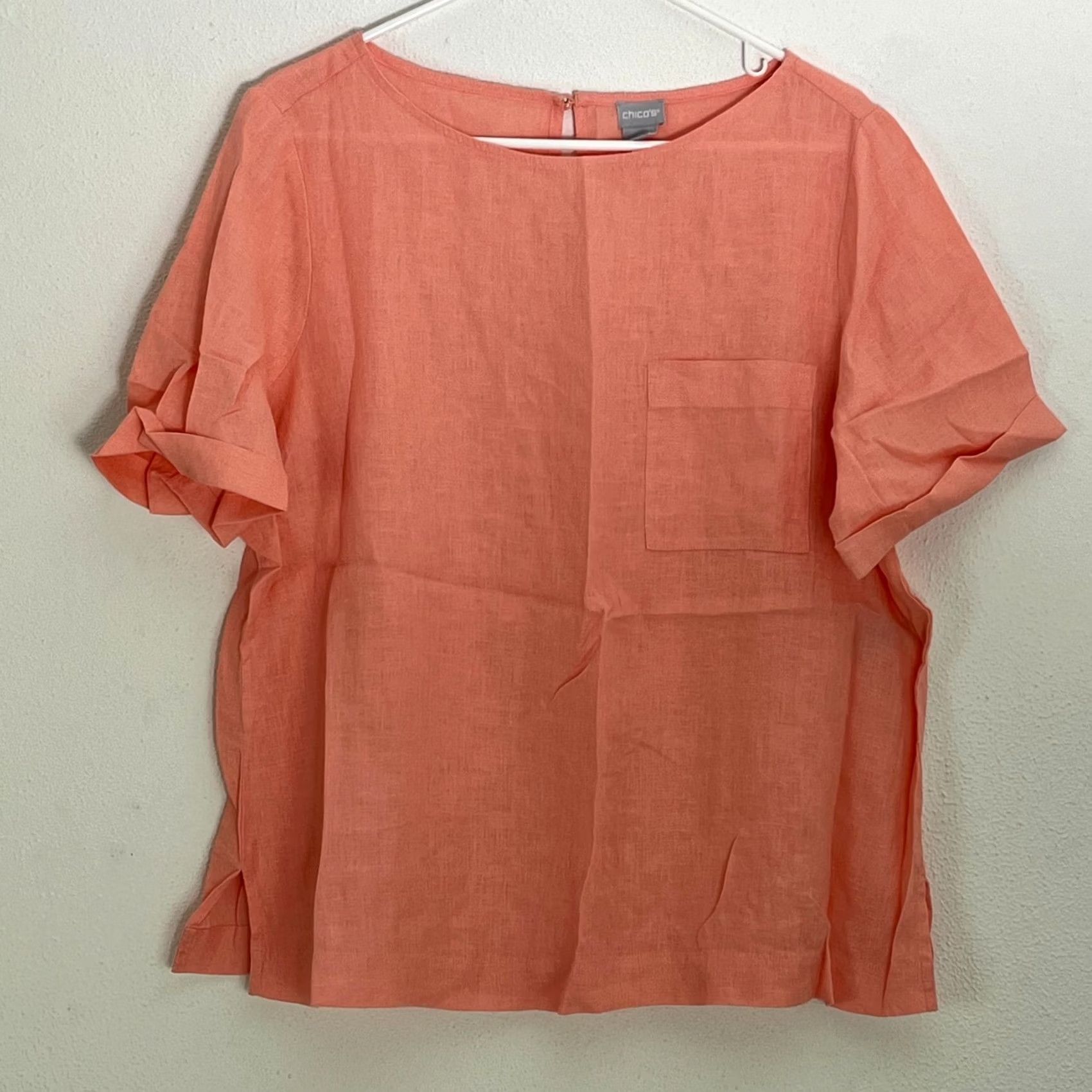 Vintage Chico's Blouse Shirt Coral Short Sleeve Pocket Cuff Linen Womens 2 U.S 12/14 Casual Top Size XS / US 0-2 / IT 36-38 - 2 Thumbnail