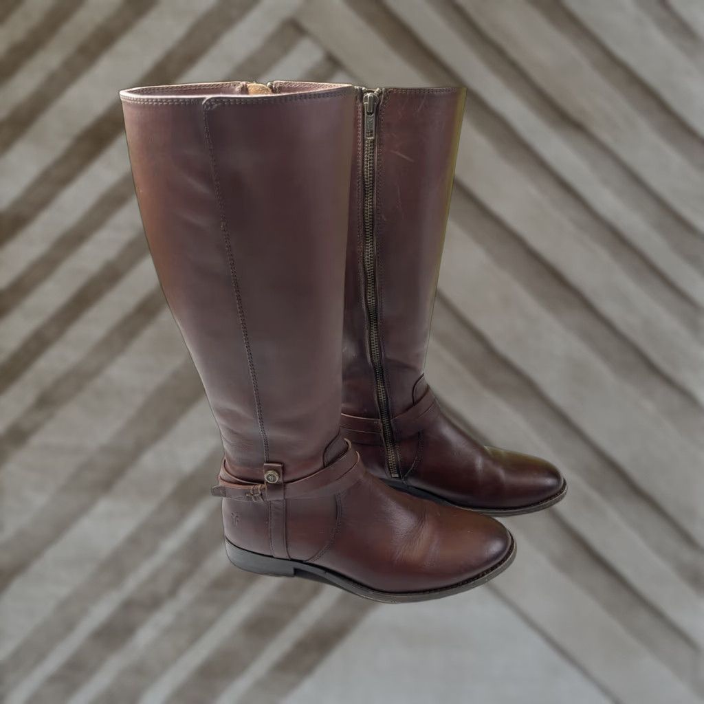 Frye Frye MELISSA BELTED TALL RIDING BOOTS Women 7.5 Redwood Brown Knee High Leather Zipper Belted Block Heel Size US 8 / IT 38 - 1 Thumbnail