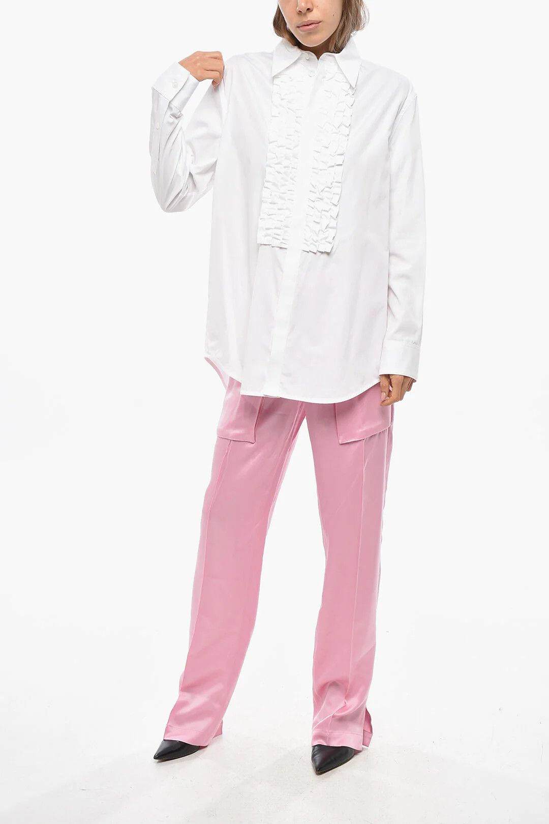 Bottega Veneta og1mm0426 Ruffle Front Cotton Poplin Blouse in White Size XS / US 0-2 / IT 36-38 - 4 Thumbnail