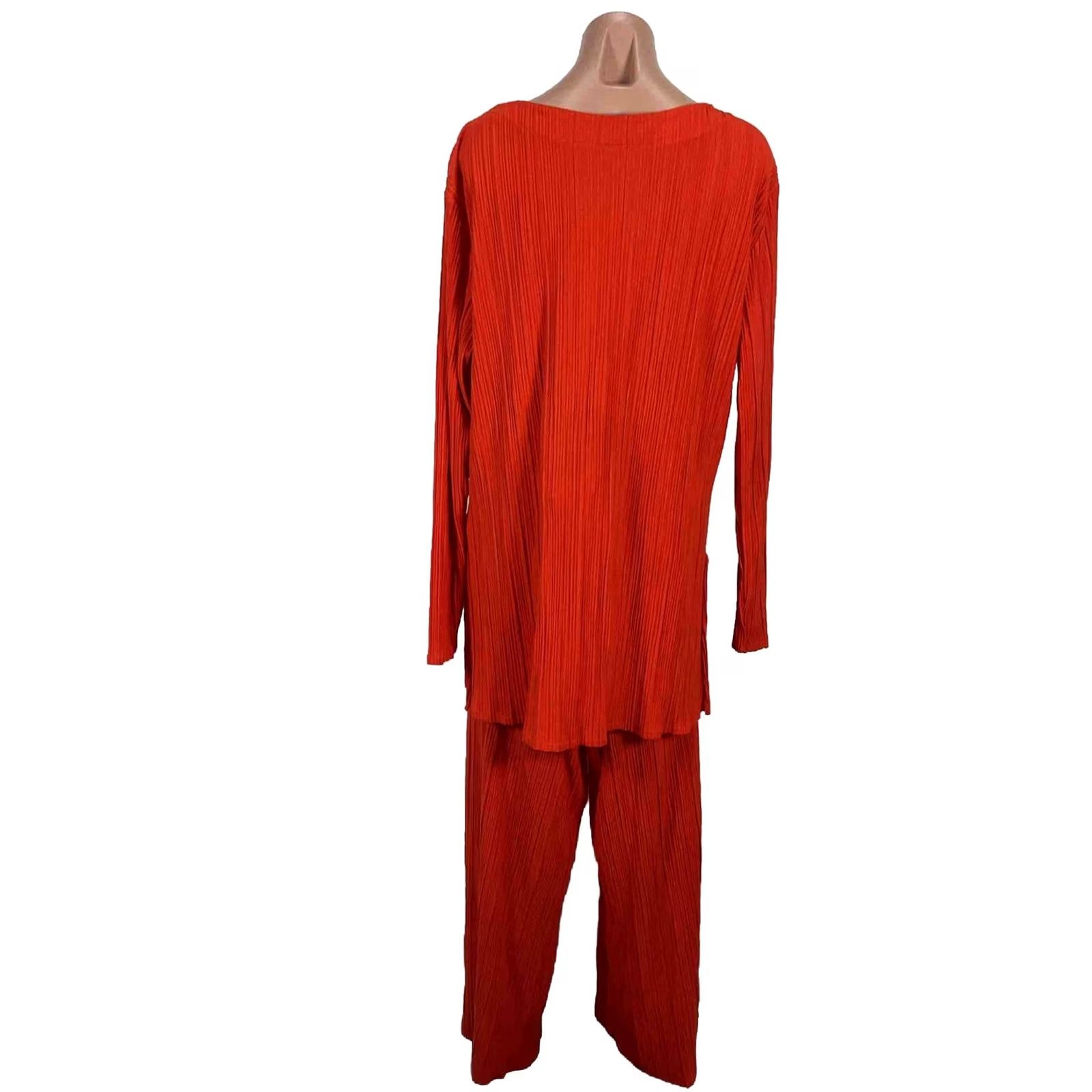 Scoop Coral Red Plisse 2pc Set Shirt Ribbed Pleated Palazzo Pants Wide-Leg Turtleneck Pullover 90s Womens XL
