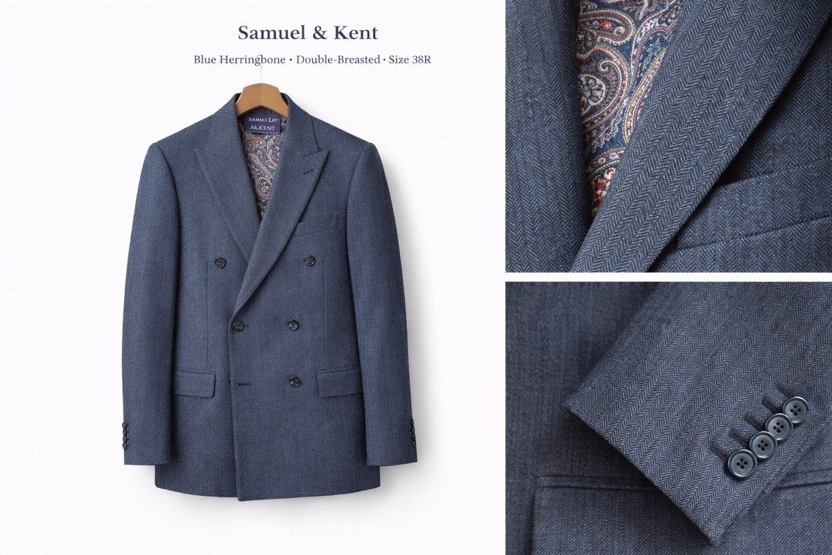 Other Double Breasted Blue Herringbone Jacket - 38R Size 38R - 1 Preview