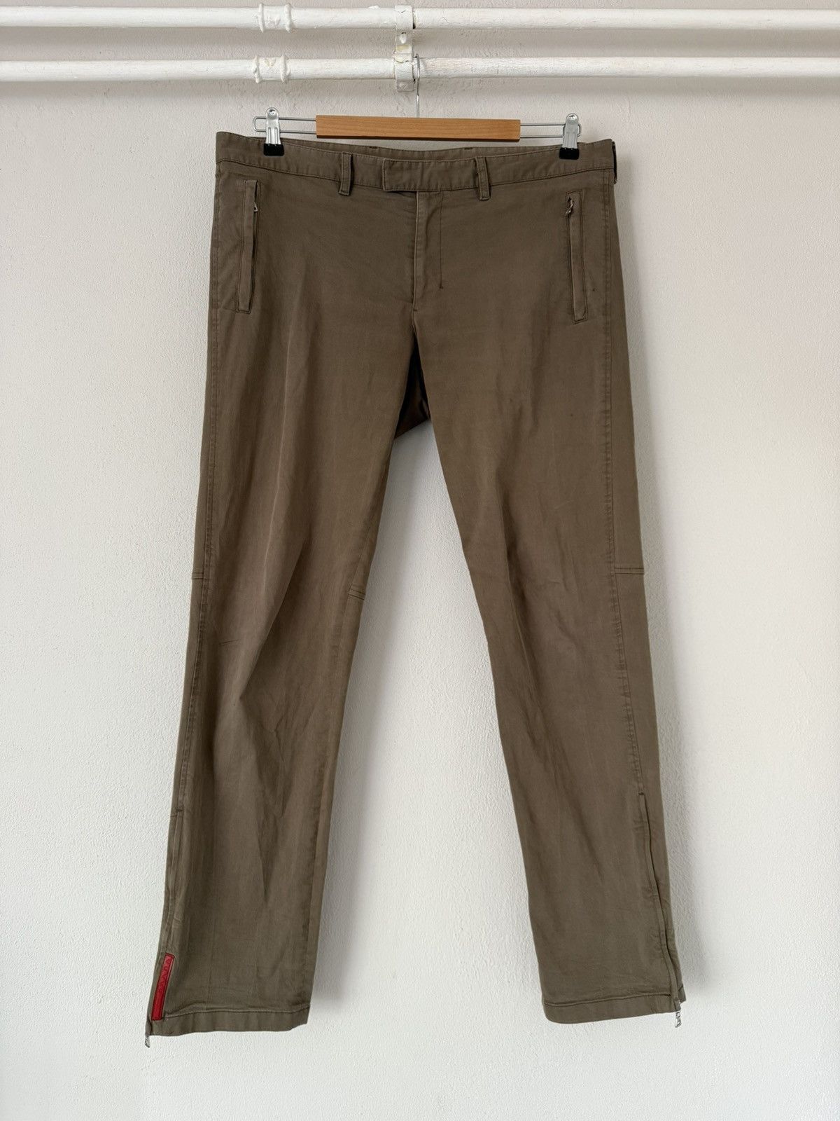 Prada Brown Cotton Zip Pants with Red Tab Detail Size US 38 / EU 54 - 1 Thumbnail