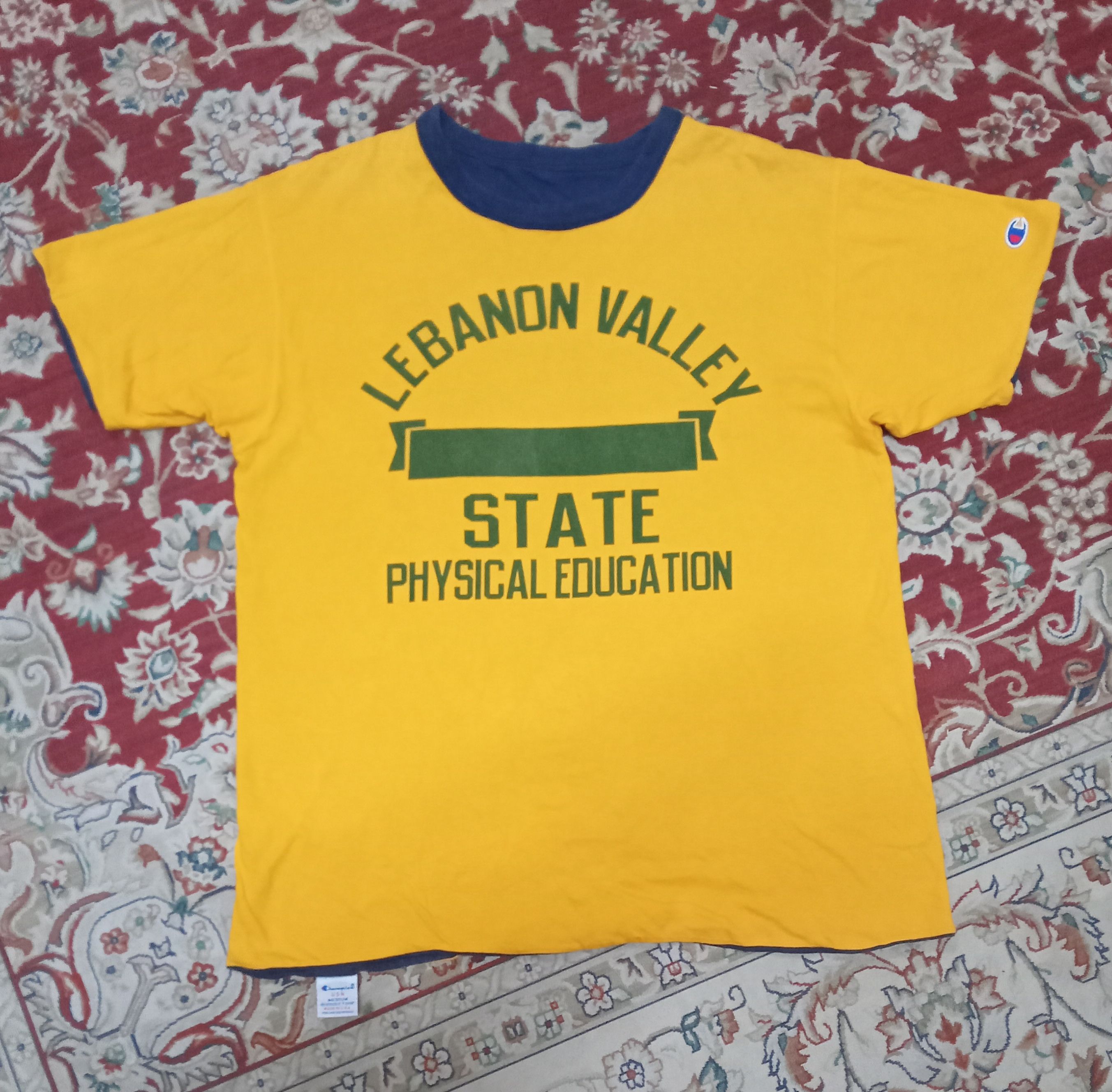image of Vintage Champion Lebanon Valley State P-E Reversible T in Blue Yellow, Men's (Size Medium)