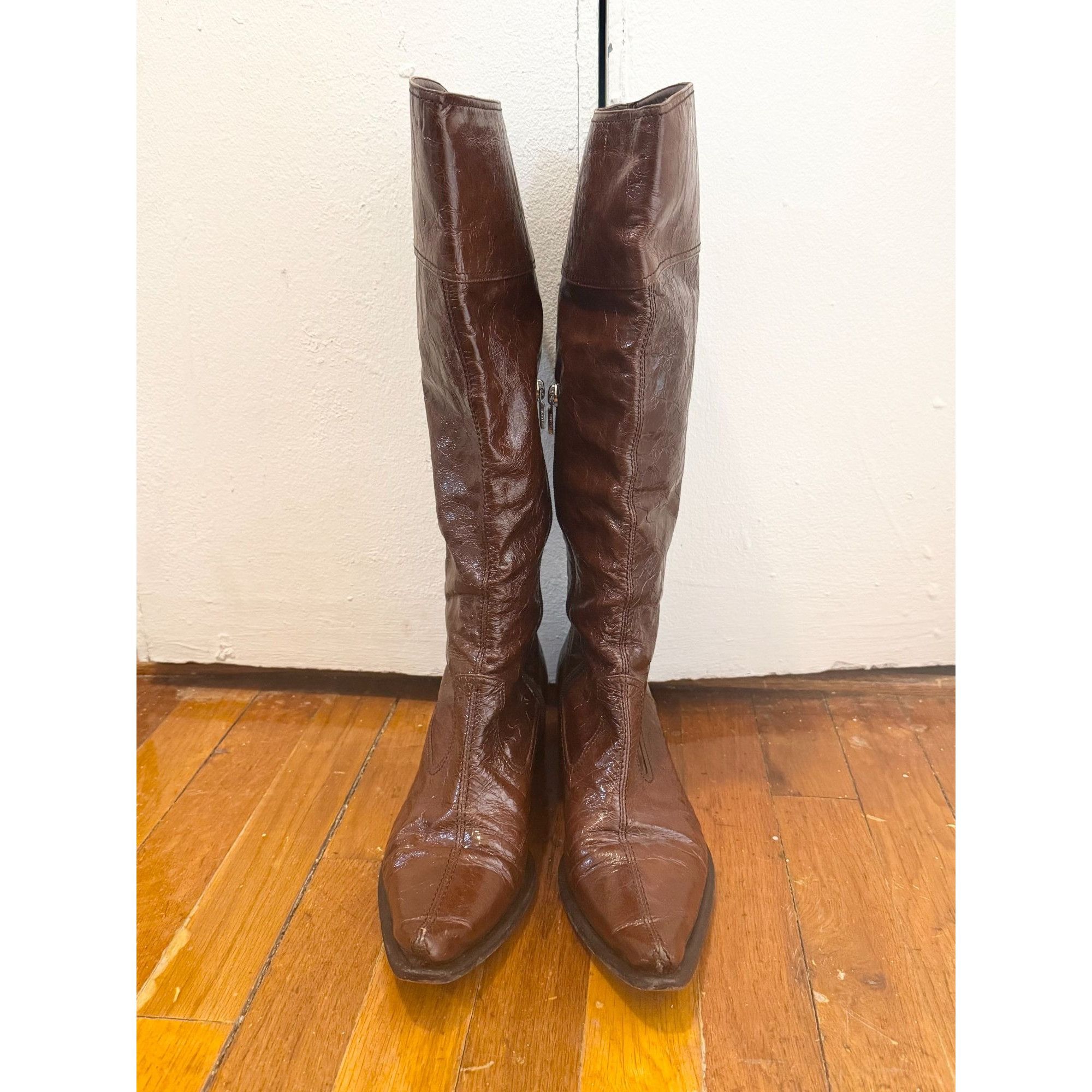 Vintage Vero Cuoio Women's Brown Patent Leather Side Zip Knee High B Size US 10 / IT 40 - 7 Thumbnail