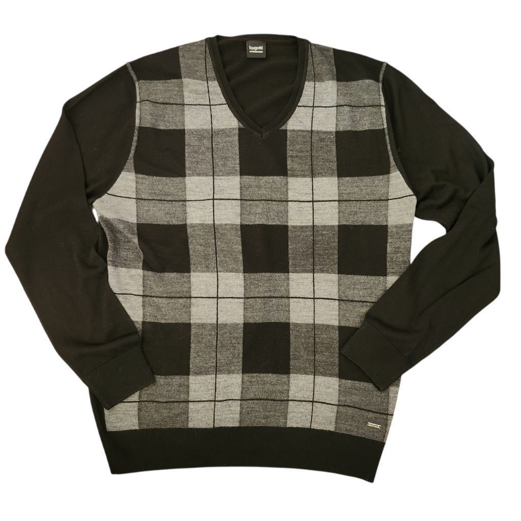 Bugatti Bugatti Mens V-Neck Sweater Size L Black Gray Plaid Size US L / EU 52-54 / 3 - 2 Thumbnail