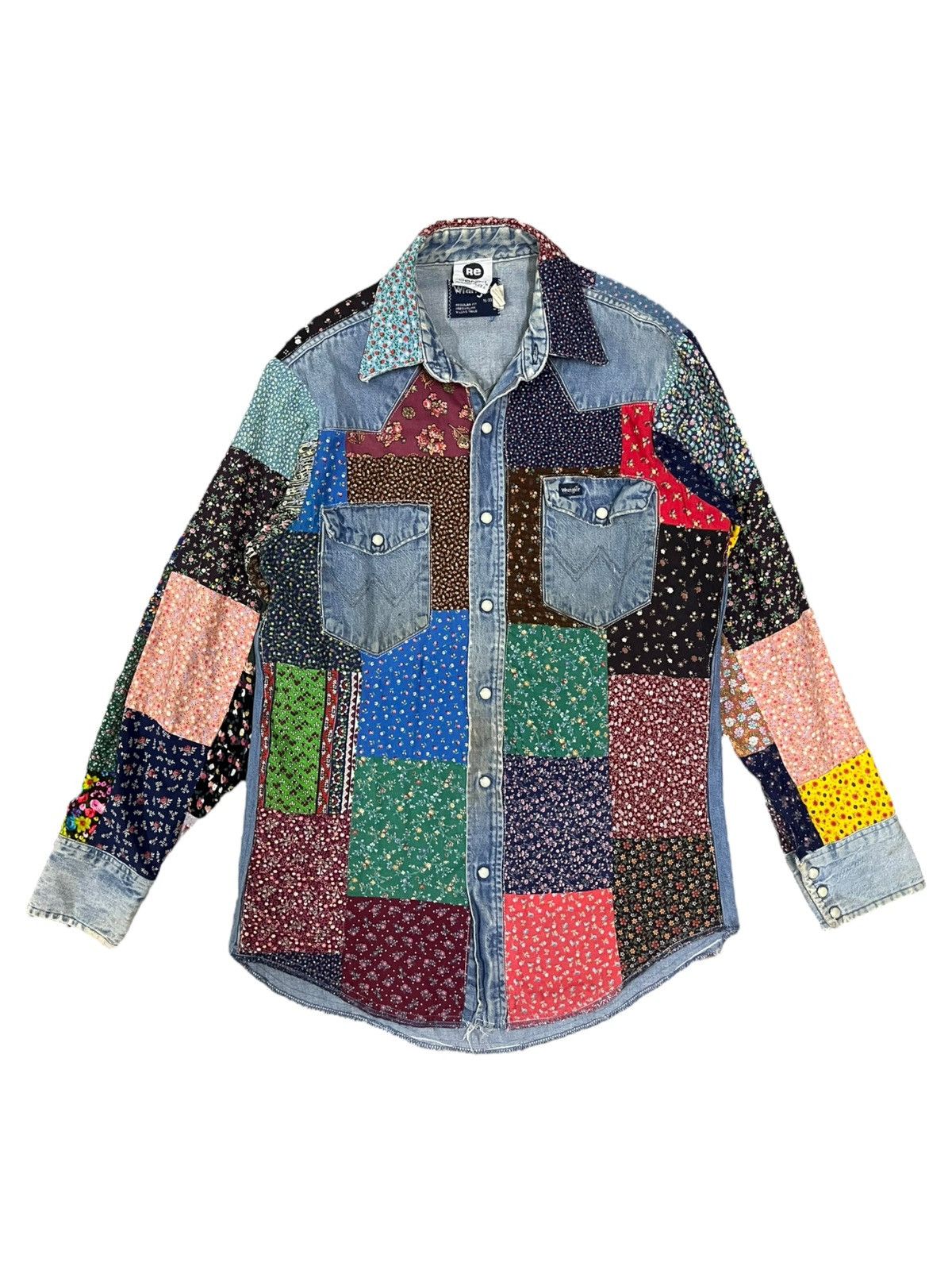 image of Made In USA x Wrangler Vintage Wrangler Patches Remade Boro Sashiko Style Shirts in Blue (Size Smal