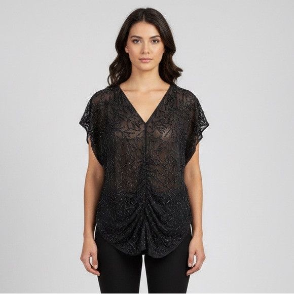 Vintage Vintage Black Beaded Silk Chiffon V-Neck Tunic Top Ruching Size M / US 6-8 / IT 42-44 - 1 Thumbnail