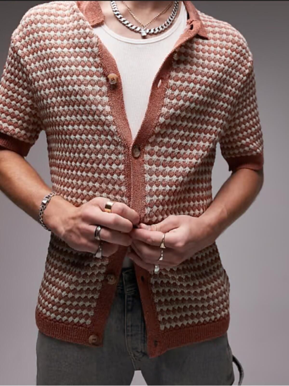 Topman Topman / Crochet Knit Button Up Polo Textured / Rust Size US M / EU 48-50 / 2 - 2 Thumbnail