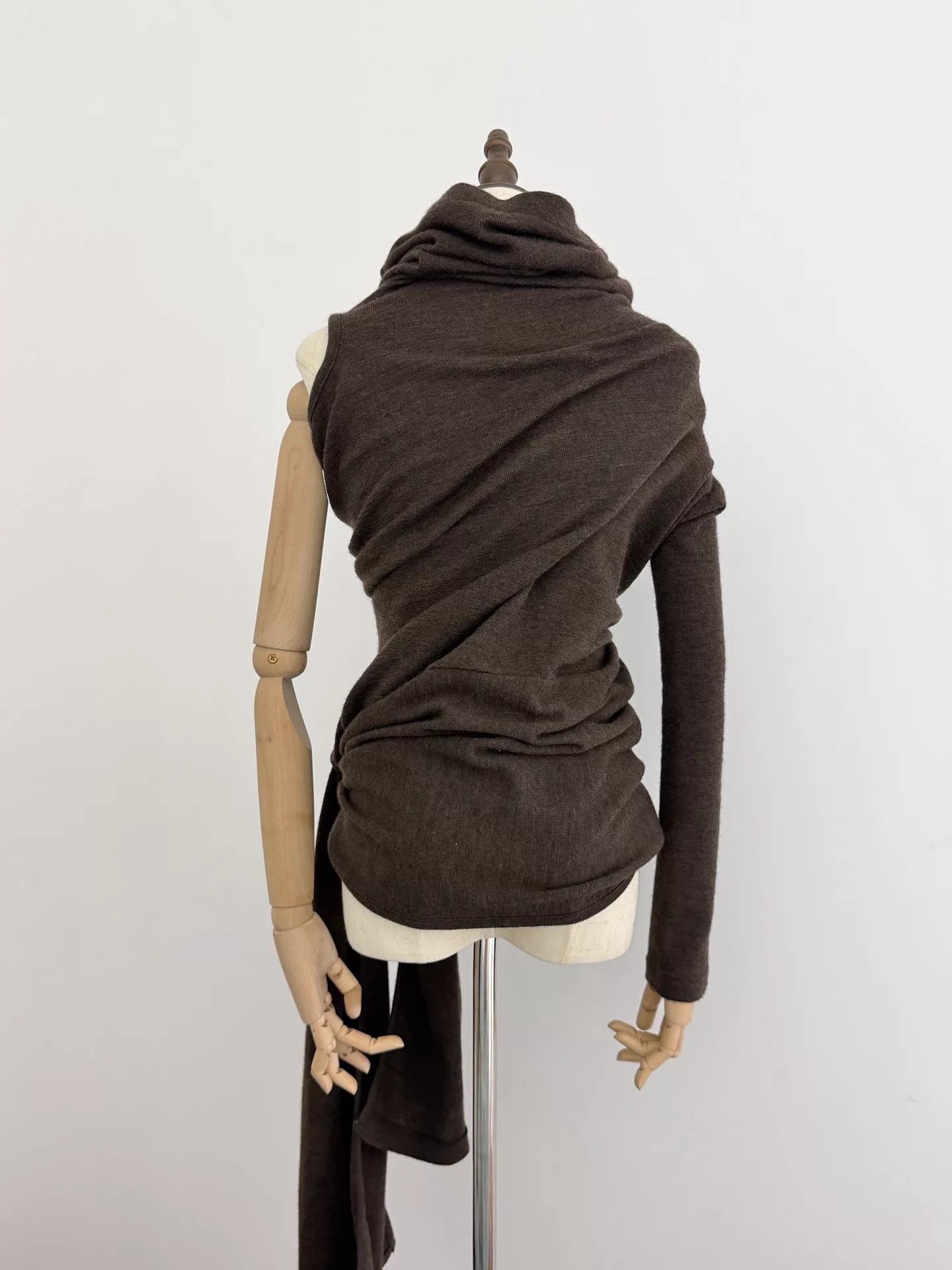 Y's Y's Chocolate Brown Irregular Two-Way Wool Top Size L / US 10 / IT 46 - 6 Thumbnail