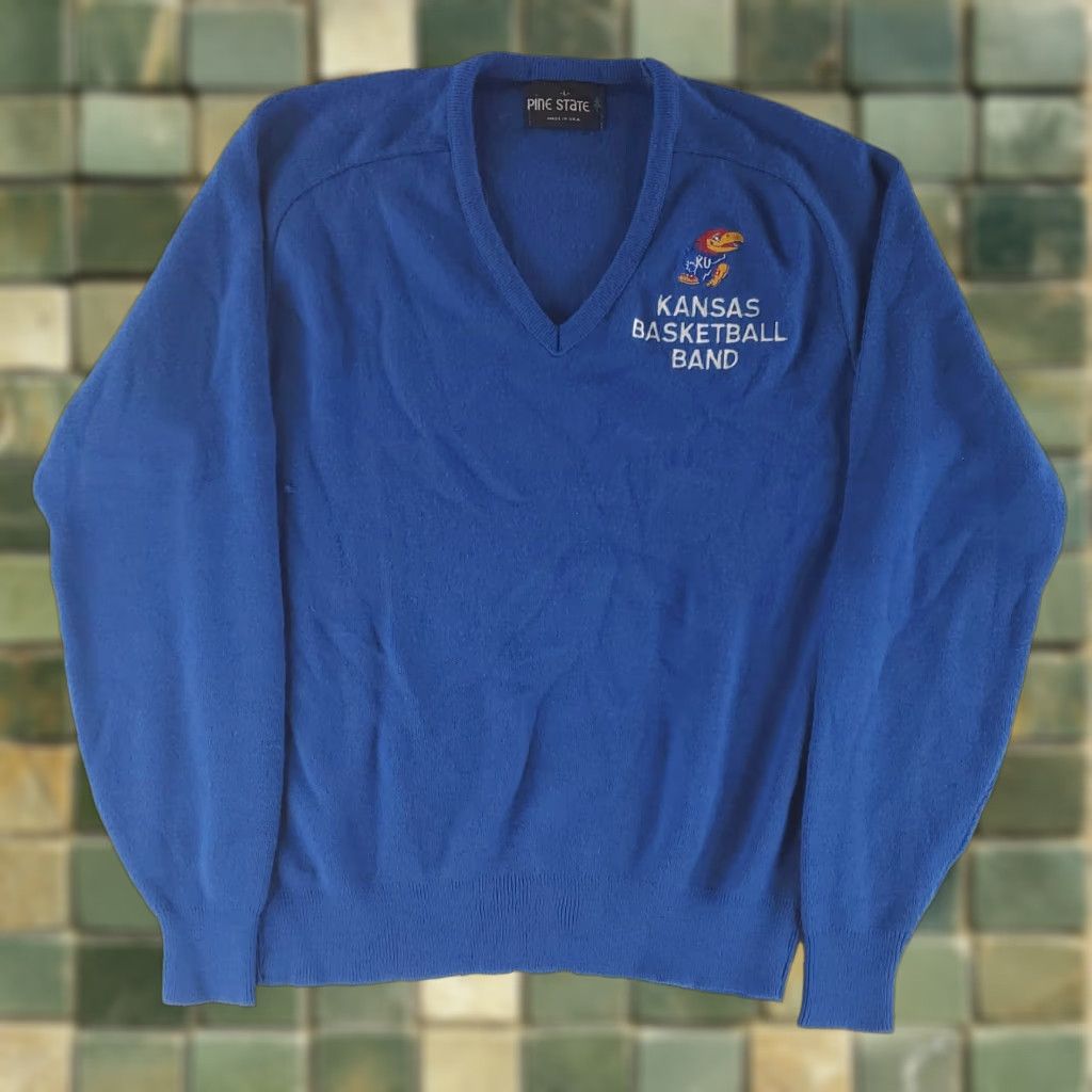 Vintage VTG Kansas Basketball Band Sweater Pine State Blue Mens L V Neck Pullover State Popular 80s Decade Men Size US L / EU 52-54 / 3 - 1 Thumbnail