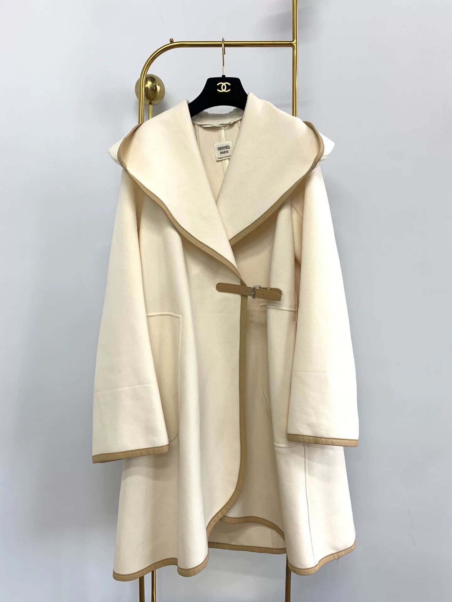 Hermes White Leather Trim Coat