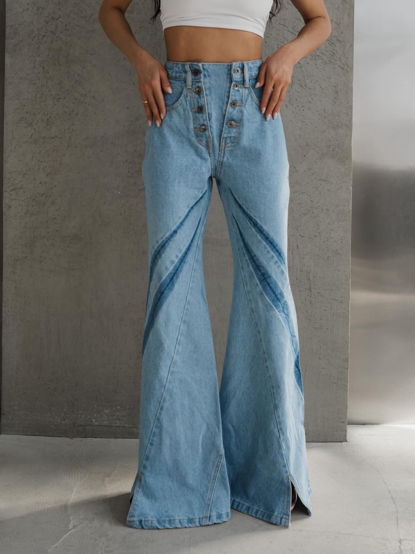 image of Vintage Street Button High-Waisted Wide-Leg Jeans in Blue, Women's (Size 28)