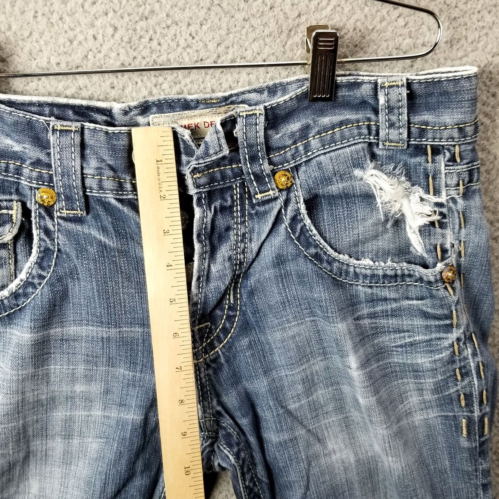 Vintage MEK Jeans Seattle 30X34 Flare Leg Wide Leg Button Fly Distressed Whiskers Flap Jeans Womens 30 Blue Denim Distressed Wide-Leg Flare Size 30" / US 8 / IT 44 - 6 Thumbnail