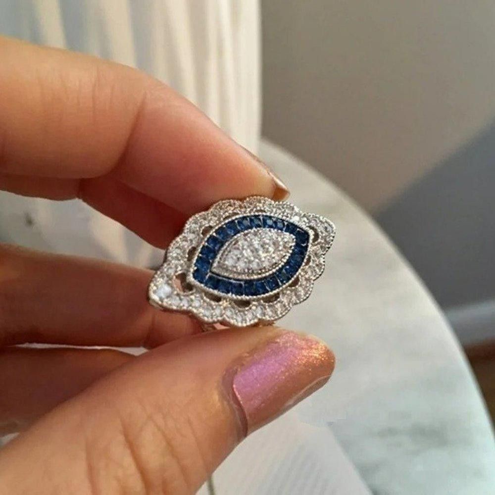 Designer Vintage 2.35CT White & Blue Sapphire Art Deco Ring - Size 7 Size ONE SIZE - 9 Thumbnail