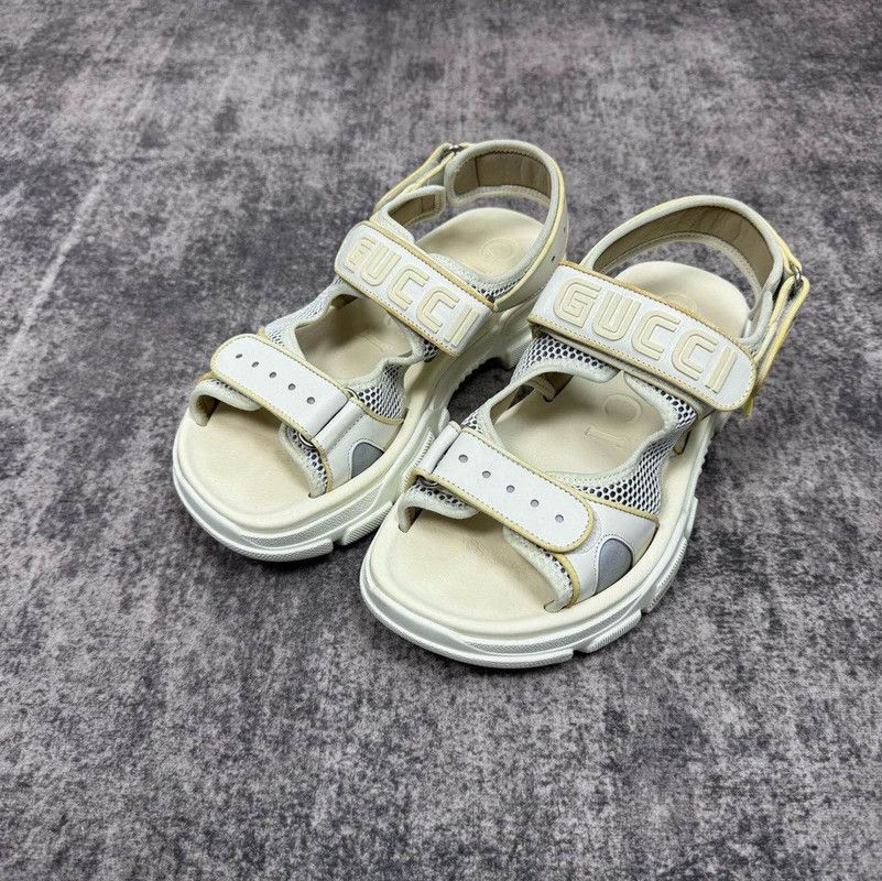 Gucci White Leather Mesh Velcro Flat Sandals 0079