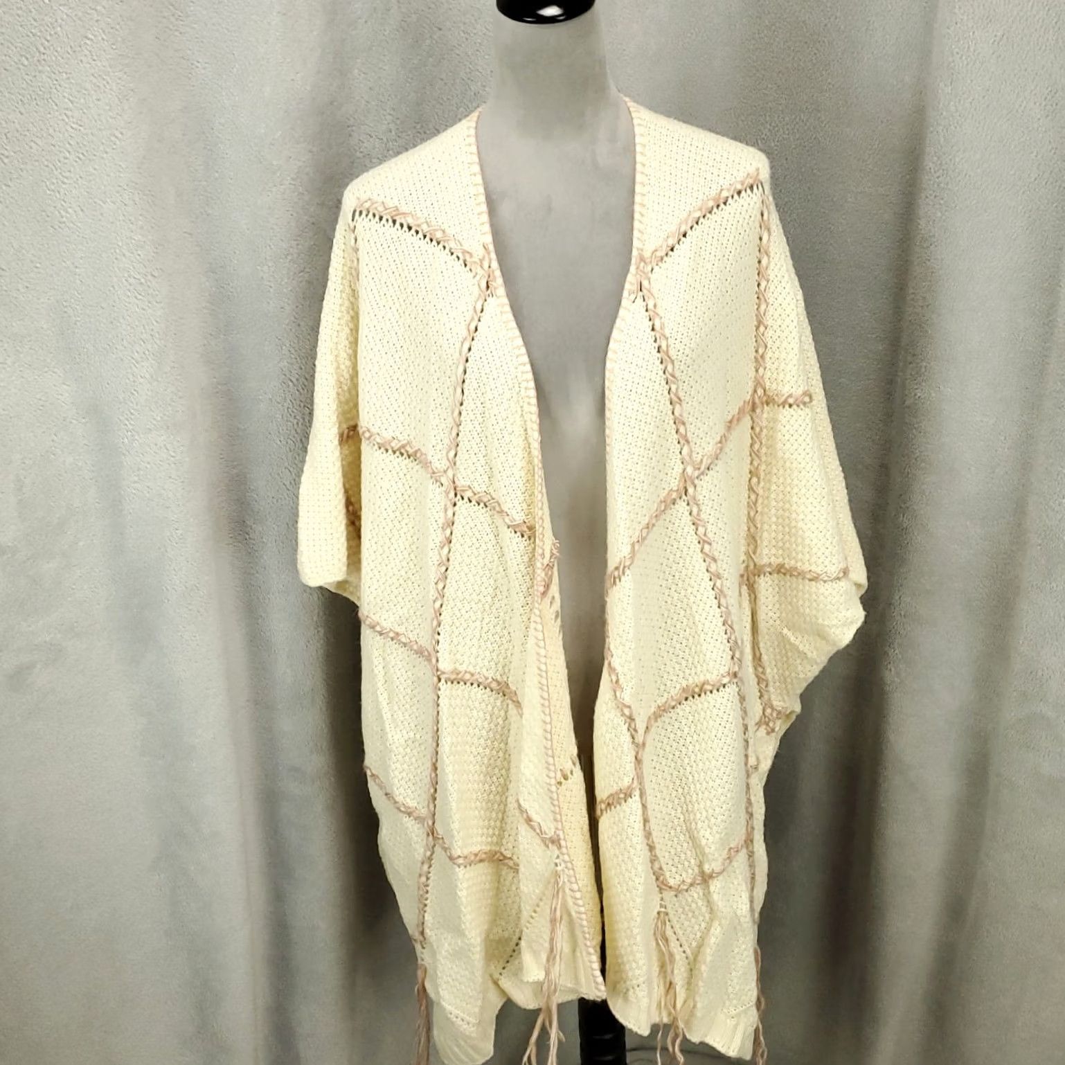 Vintage Knox Rose Cardigan XL Ivory Pink Open Front Knit Oversized Boho Shirt Womens Size XL / US 12-14 / IT 48-50 - 2 Thumbnail