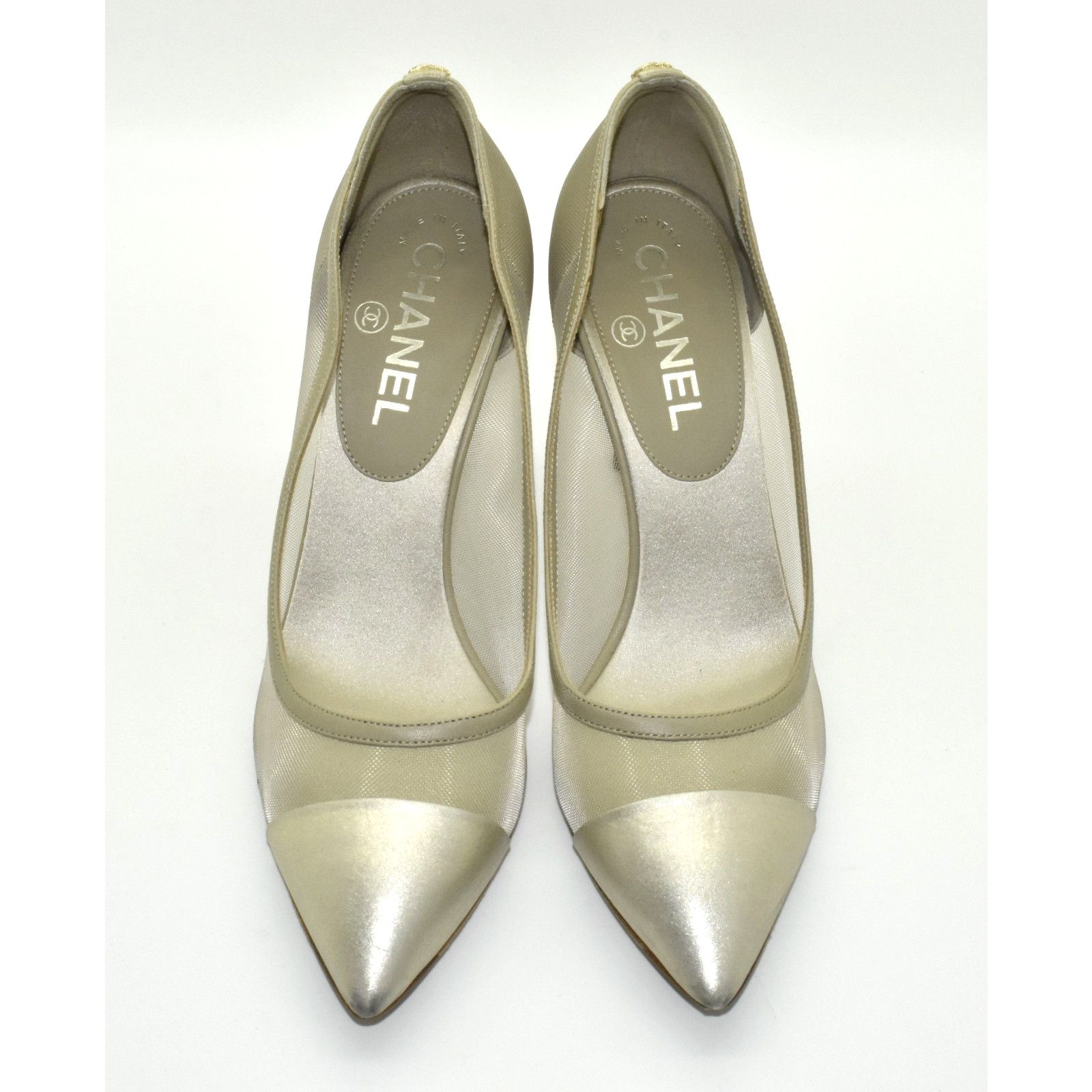 Chanel CHANEL Mesh & Leather Gold Cap Toe Back CC Logo Pump Sz 37C Size US 6.5 / IT 36.5 - 4 Thumbnail