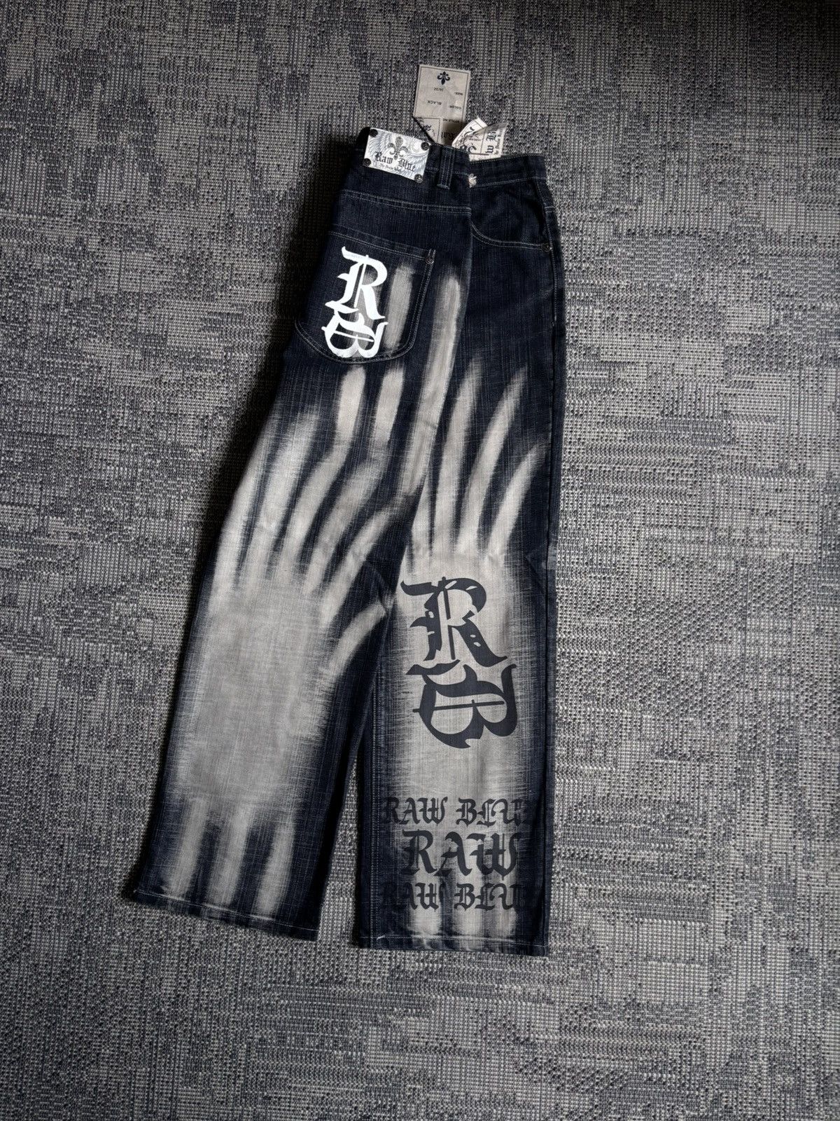 Other Y2K Raw Blue Vintage Wide Leg Jeans Hand Graphic Faded Black Size US 36 / EU 52 - 1 Thumbnail
