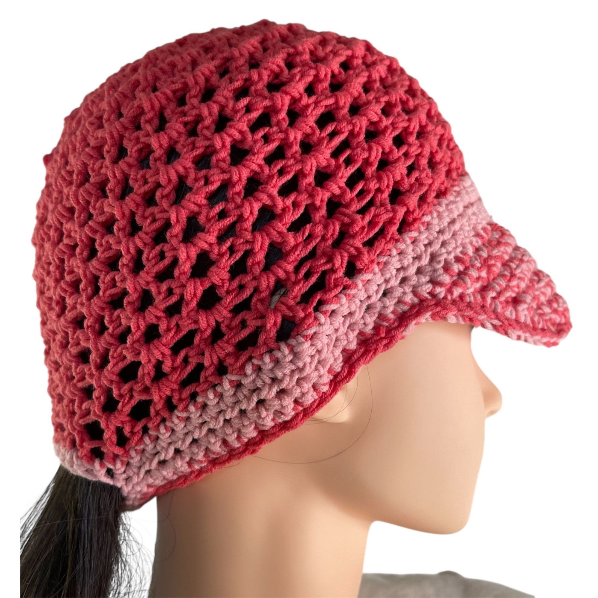 Handmade Crochet Baseball Cap Ponytail Hat Breathable Pattern Pink Ad Size ONE SIZE - 3 Thumbnail