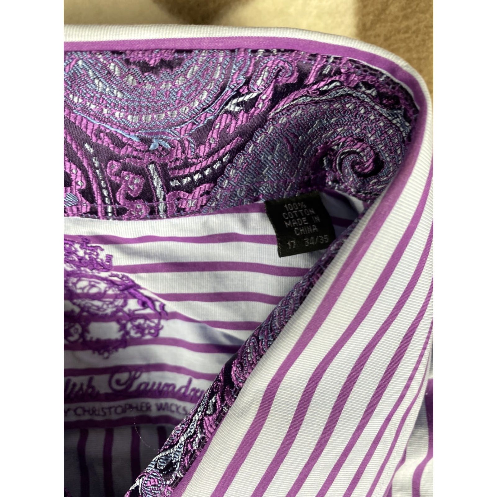 English Laundry English Laundry Dress Shirt Men 17 34/45 Cuff Long Sleeve Purple Blue Stripes Size 46R - 2 Thumbnail