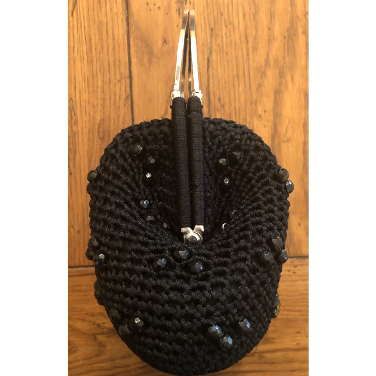 Vintage VINTAGE Evening Bag Crochet with Black Beads & Silver-Tone Handles Puffy Women Small Black Size ONE SIZE - 6 Thumbnail