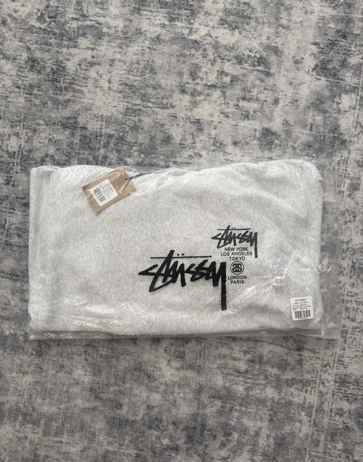 Stussy STUSSY WORLD TOUR HOODIE IN ASH HEATHER SIZE MEDIUM Size US M / EU 48-50 / 2 - 3 Thumbnail