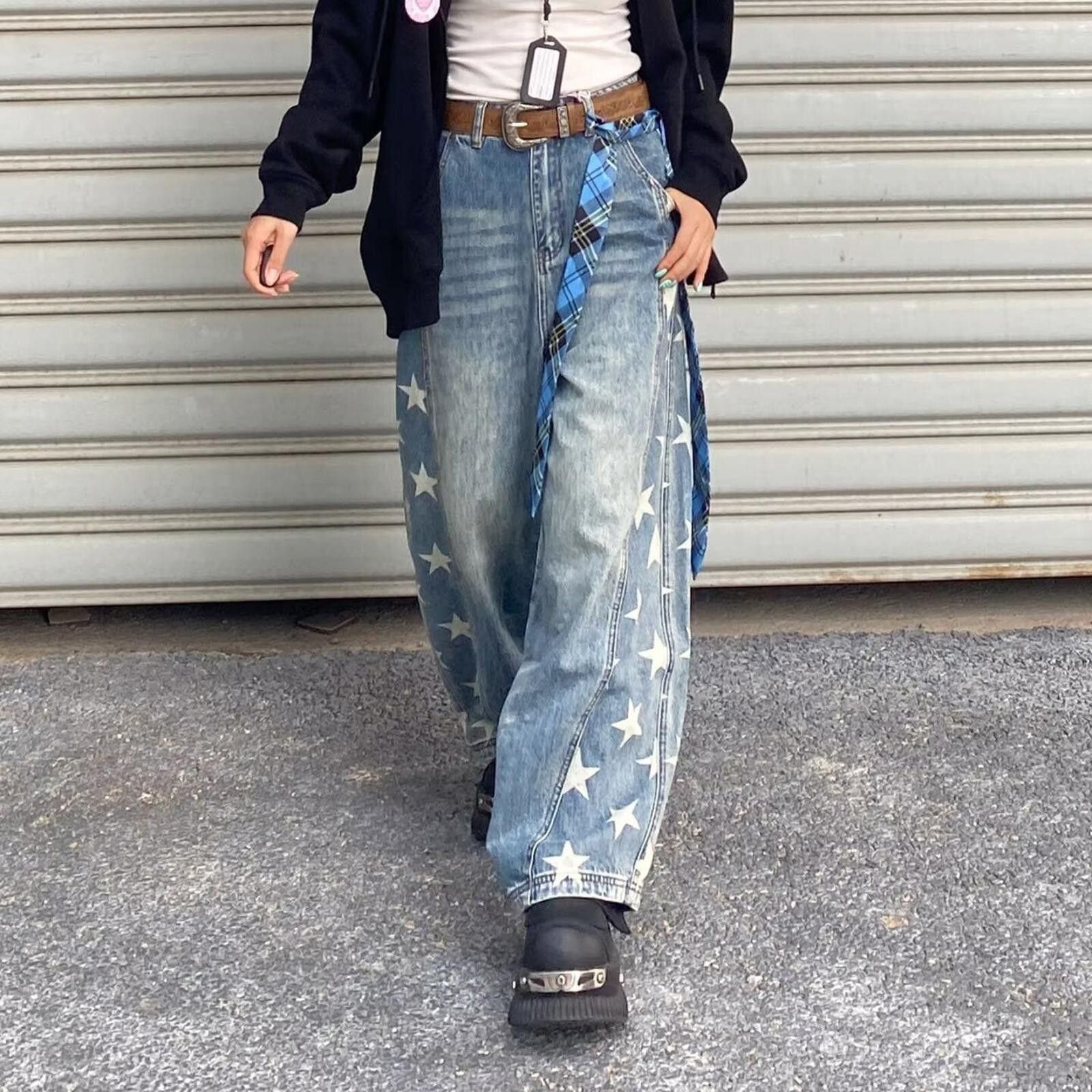 Jean Blue Star Print Wide Leg Jeans, Baggy Denim Pants Size US 33 - 3 Thumbnail