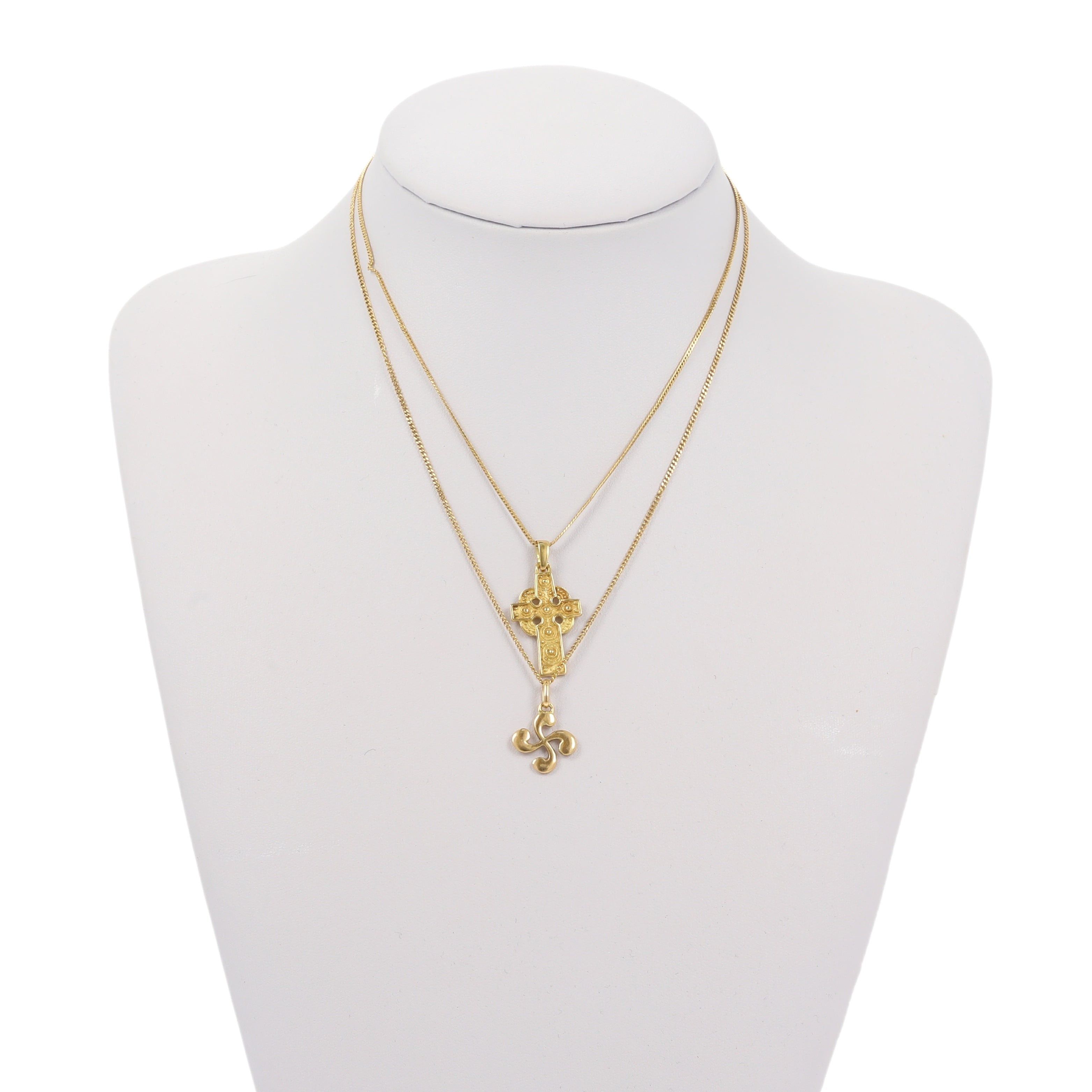 image of Vintage Necklaces Made Of Two Cross Pendants And Two 750 Yellow Gold Gourmette Chains, Women's