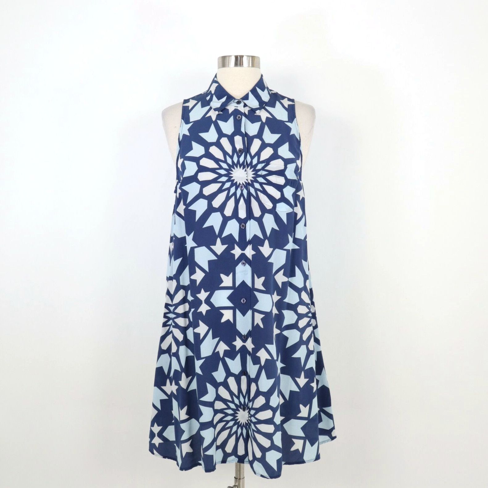 image of Equipment Silk Shirt Dress S Small Blue White Stars Sleeveless Trapeze Oversized, Women's