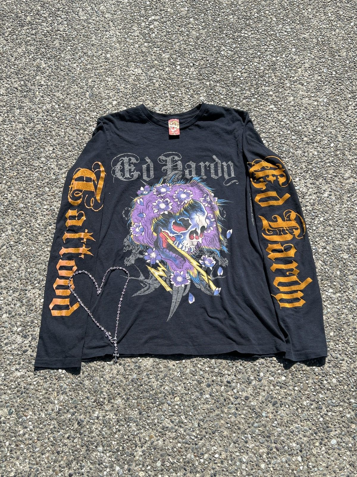 image of Vintage Christian Audigier Ed Hardy Tattoo Long Sleeve in Black, Men's (Size Large)