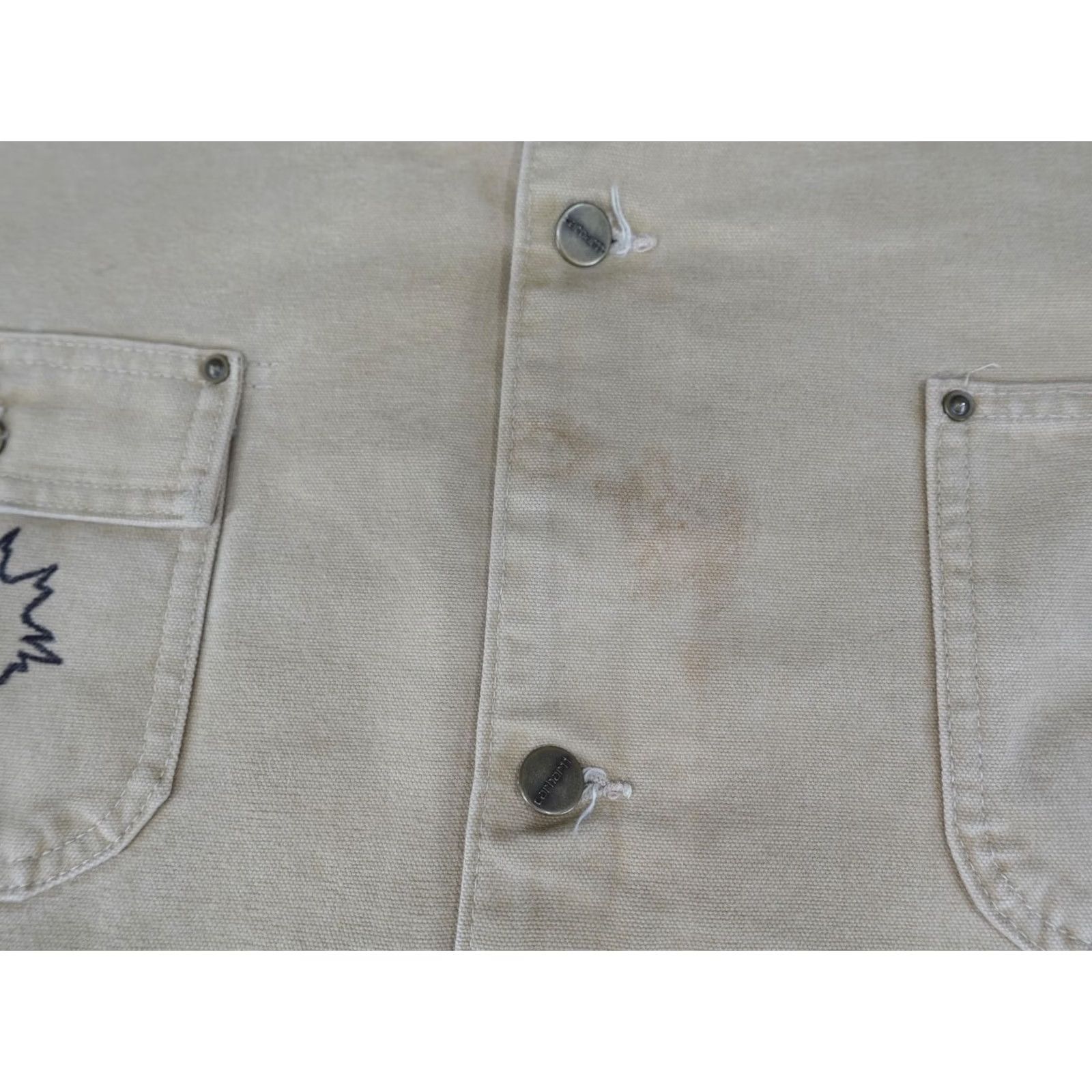 Carhartt VINTAGE Carhartt Jacket Mens LT Beige Duck Canvas Chore Coat Fire Flames Hand-Painted Logo Pockets Lined Insulated Workwear Size US L / EU 52-54 / 3 - 3 Thumbnail
