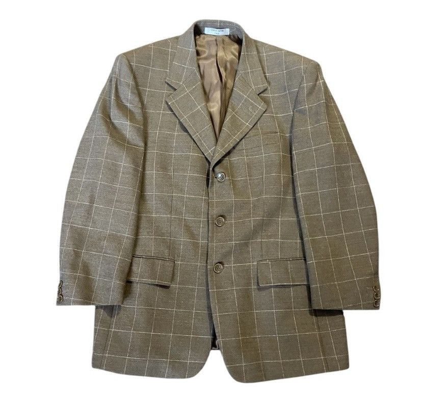 Designer Mens Blazer Windowpane Brown White Check 40S Worsted Size 40S - 1 Thumbnail