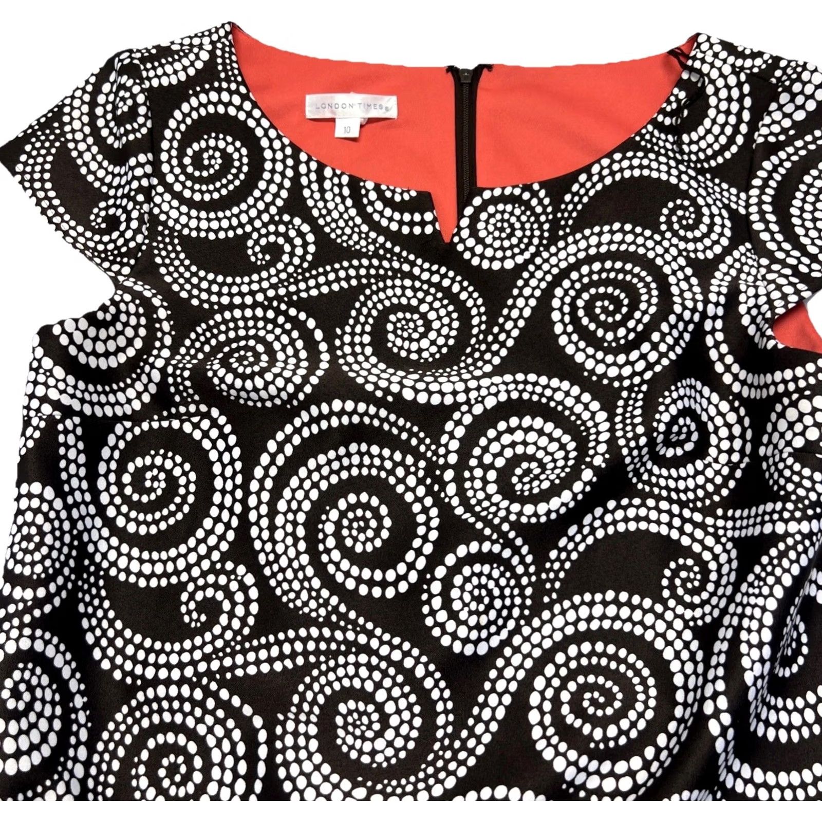 Vintage London Times Dress Womens 10 Black White Swirl Print A-Line Midi Cap Sleeve Round Neck Zip Lined Size L / US 10 / IT 46 - 5 Thumbnail