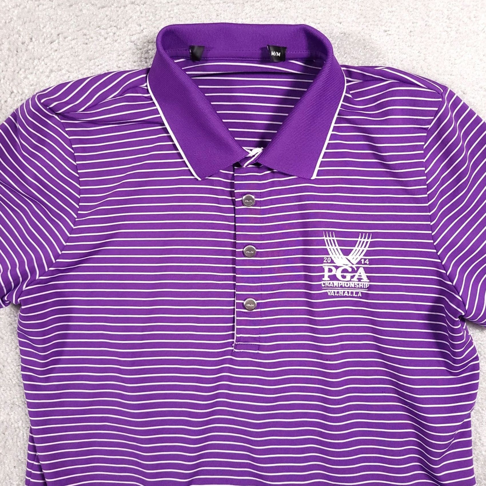 RLX Ralph Lauren RLX Ralph Lauren Womens M 2014 PGA Polo Shirt Purple Striped Short Sleeve Golf Shirt Ladies M Purple Striped Courtesy Size M / US 6-8 / IT 42-44 - 3 Thumbnail