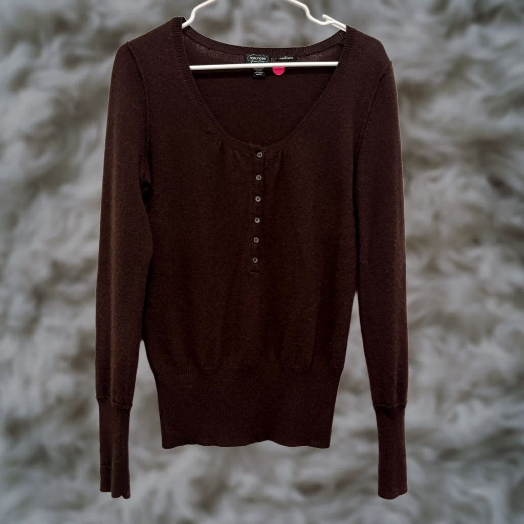 Vintage Maurices Fine Line Brown 100% Cashmere Henley Sweater Scoop Neck Womens Medium Size M / US 6-8 / IT 42-44 - 1 Thumbnail