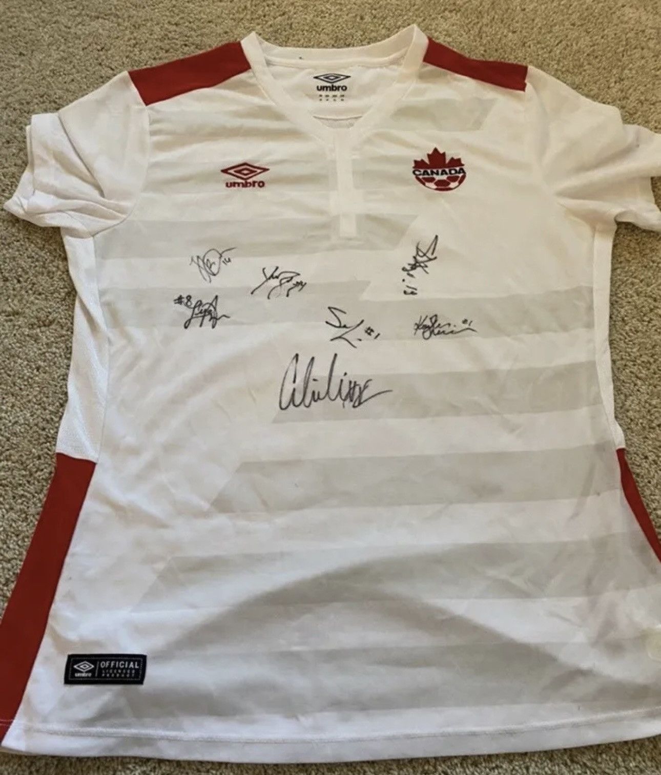 image of Umbro Canada Soccer Gold Medal Olympics Signed Jersey in White, Women's (Size Large)