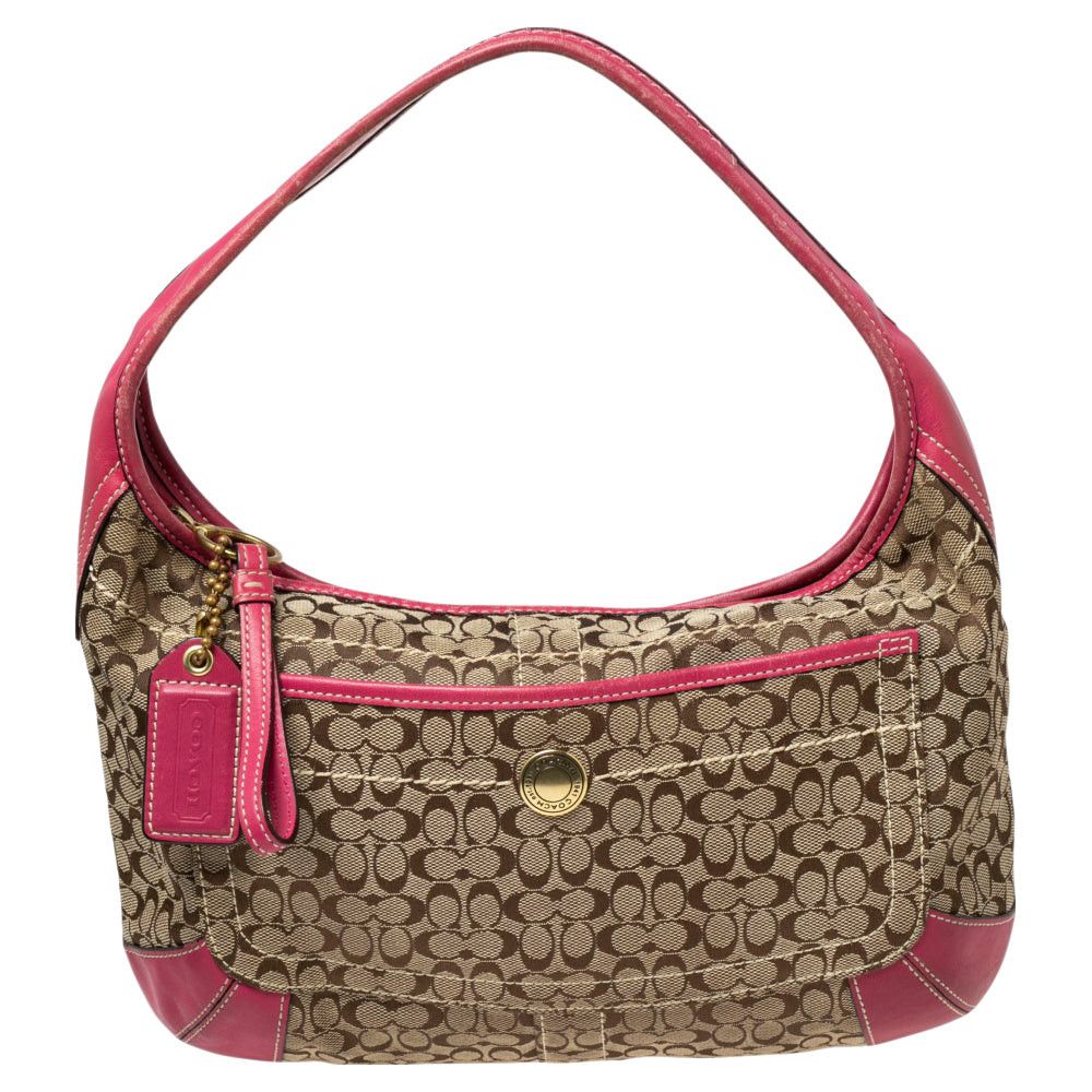 image of Coach Pink/beige Signature Canvas And Leather Zip Hobo in Black, Women's