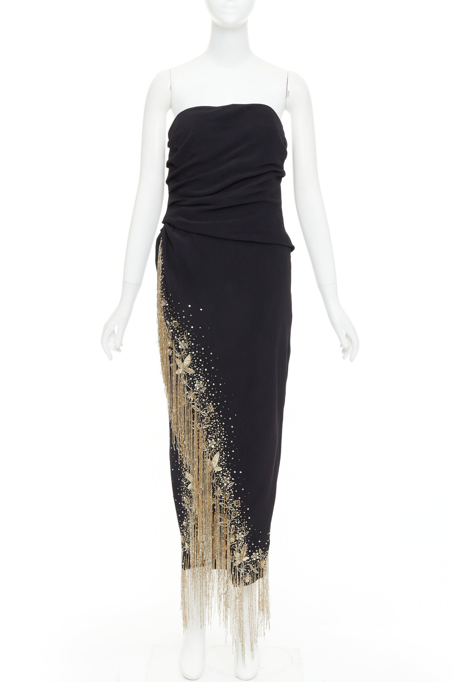 OSCAR DE LA RENTA 2019 Runway black gold sequin fringe strapless midi dress US8 L