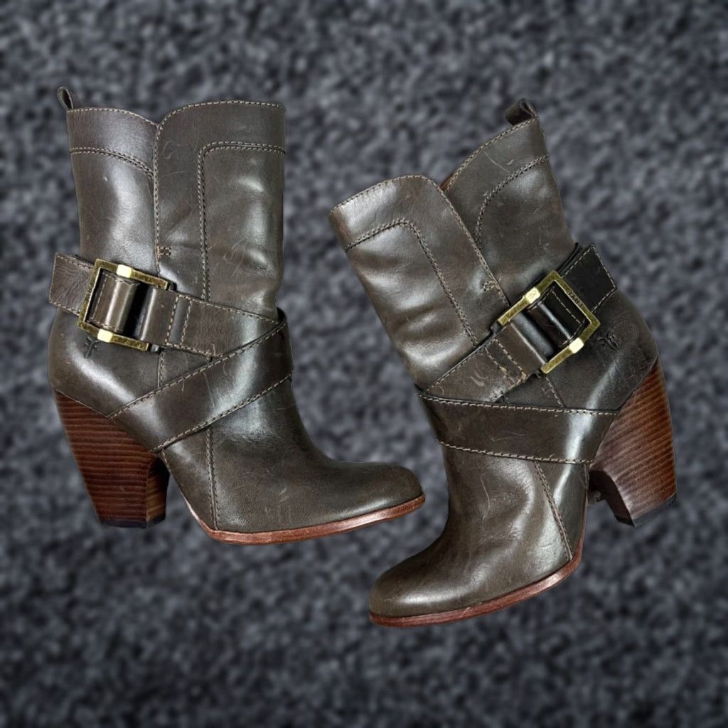 Frye Andrea Mid-Calf Boots Women's Size 6 Gray Leather High Heel Shoes Western Style in Grey