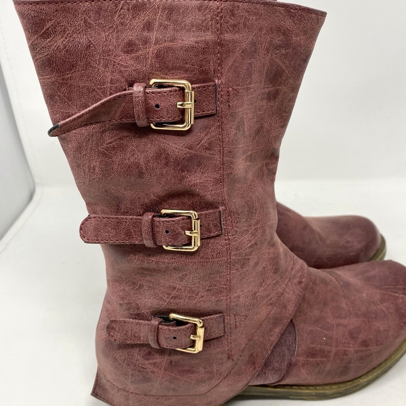 Vintage French Blu Boot Red Distressed Look Buckle Mid Calf Equestrian Riding Leather Ankle Boot Women Vintage No N/A Size US 9 / IT 39 - 2 Thumbnail