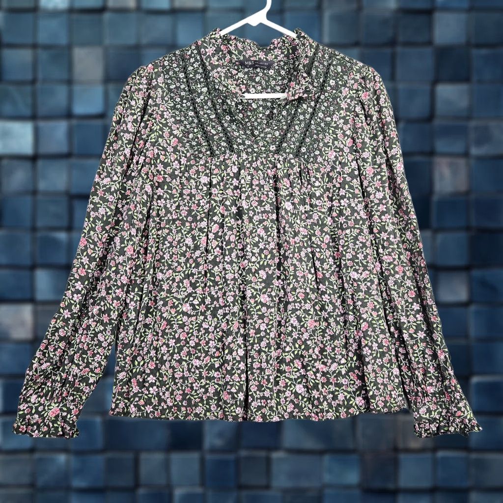 Marks & Spencer Marks & Spencer Collection Blouse Women's Size 10 Floral Printed Multicolor Round Neck Long Sleeve Casual Shirt Size L / US 10 / IT 46 - 1 Thumbnail