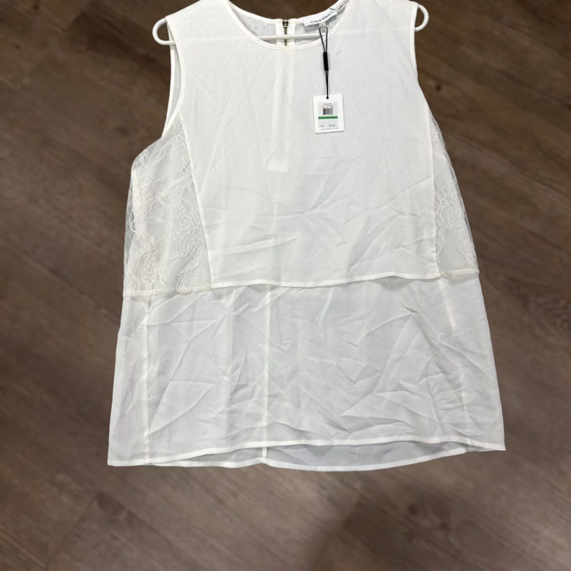 Calvin Klein Calvin Klein Blouse Shirt Womens Large White Sleeveless Lace Hem Nylon Blend NEW Size L / US 10 / IT 46 - 1 Thumbnail