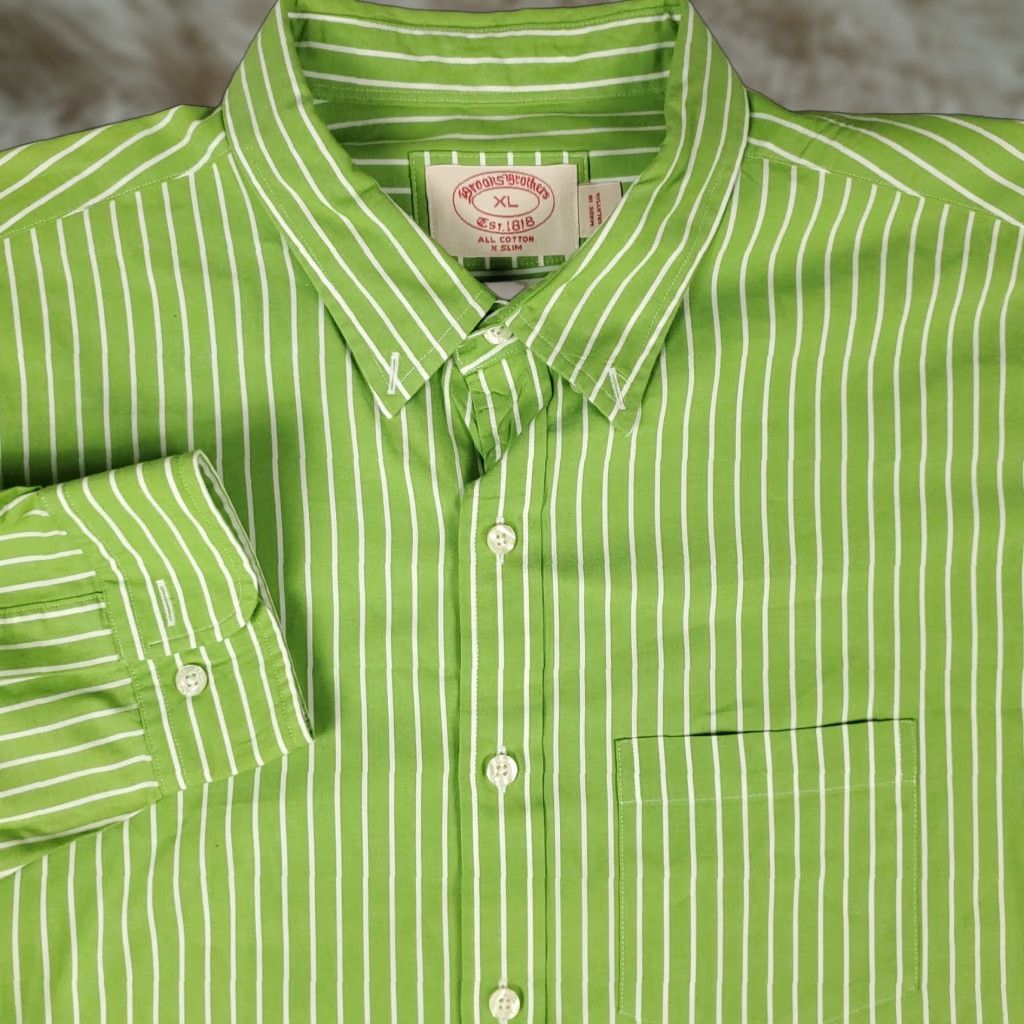 Brooks Brothers Brooks Brothers Shirt Mens XL Green Striped Slim Button Up Long Sleeve Size US XL / EU 56 / 4 - 1 Thumbnail